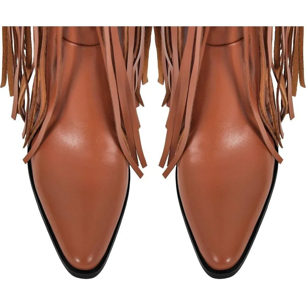 Women Brown Synthetic Fringe Thigh High Tassels Wide Calf Over Knee Pointed Boot